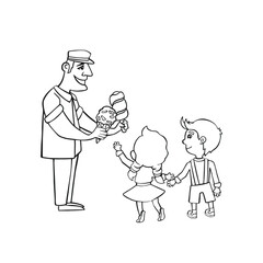 Ice cream vendor serving two children illustration