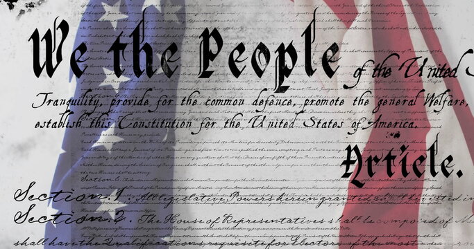 United States Constitution text with American flag image overlay