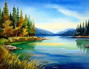 Fototapeta premium watercolor of a beautiful lake with empty copy space