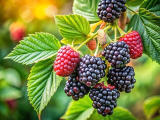 Captivating Close-Up of a Branch of Ripe Blackberries Surrounded by Lush Green Leaves Against a Beautiful Natural Background, Perfect for Food Photography Enthusiasts