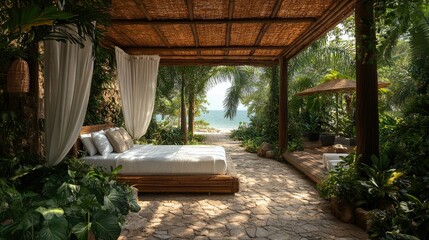 Obraz premium A serene outdoor space with a bed, surrounded by lush greenery and ocean views.