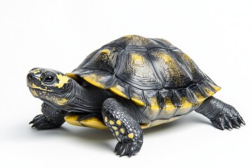 Obraz premium A hyper-realistic tortoise with a striking yellow and black shell rests on a clean, white surface in a well-lit space