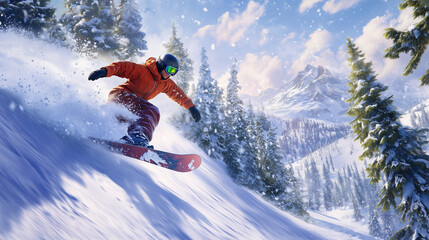 Dynamic snowboarder gliding through pristine powder snow in winter wilderness
