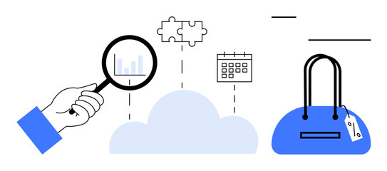 Hand holding magnifying glass inspecting data in cloud accompanied by calendar, puzzle pieces, and shopping bag. Ideal for business analysis, scheduling, problem-solving, cloud computing, e-commerce