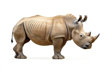 A white rhinoceros stands on a white background