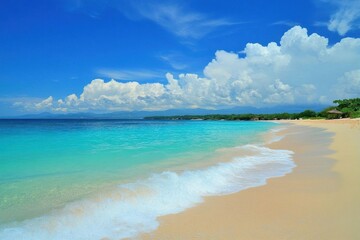 Serene beach scene with clear turquoise water and fluffy clouds.
