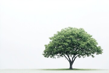 Fototapeta premium A large green tree stands alone in a serene landscape under a bright sky, symbolizing tranquility and nature's beauty
