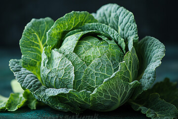 Obraz premium A single head of savoy cabbage sits on a dark surface