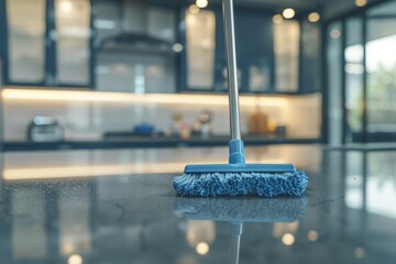 A clean kitchen scene featuring a blue mop standing in the foreground, ready for diligent cleaning work. Modern kitchen elements are visible in the stylish background.