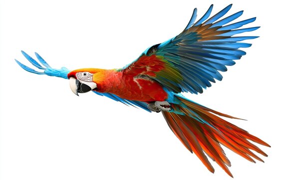 A vibrant parrot soaring gracefully through a clear blue sky, showcasing its stunning feathers and lively colors
