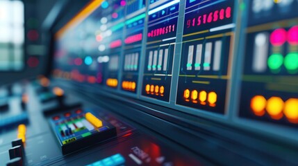 Obraz premium Peak energy strains the grid. Control panel with colorful lights and buttons