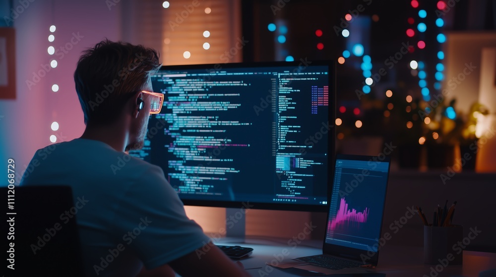 Poster coding in a modern workspace during late hours with colorful lights in the background