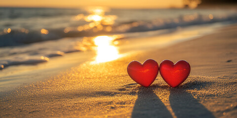 Fototapeta premium Red Hearts on Pebble Beach with Sunset Reflection