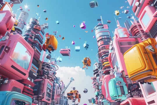 A surreal cityscape features colorful retro technology with floating robots and gadgets, creating a vibrant, futuristic atmosphere against a clear blue sky.