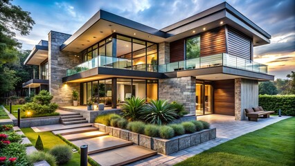 Fototapeta premium Captivating Macro Photography of a Modern Exterior Villa Design Showcasing Innovative Architecture, Luxurious Landscaping, and Elegant Outdoor Spaces for Real Estate and Design Enthusiasts