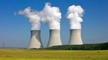 Peak energy strains the grid. Cooling towers with steam against blue sky