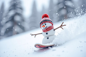 Fototapeta premium Snowman snowboarding in a winter landscape