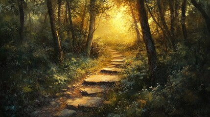 Obraz premium Sunlit stone path through a forest.