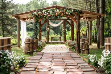 Naklejka premium A picturesque woodland wedding altar featuring a wooden archway, surrounded by lush greenery and vibrant flowers, offering a romantic and intimate setting for vows.