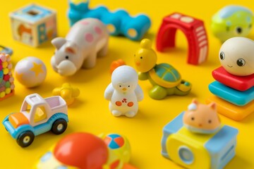 Fototapeta premium A collection of colorful small toys scattered on a yellow surface, including animal figures and blocks, creating a vibrant and playful scene for kids’ activities.