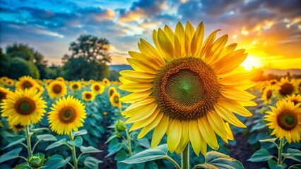Fototapeta premium Captivating Portrait of Vibrant Sunflowers in a Serene Field with Bright Yellow Petals Against a Soft Background of Lush Greens and Tranquil Blues for Nature Lovers