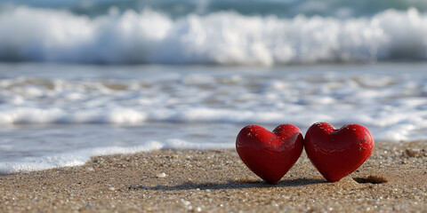 Fototapeta premium Two Red Hearts on Pebble Beach with Ocean Waves