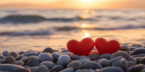 Red Hearts on Pebble Beach with Sunset Reflection