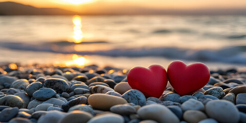 Red Hearts on Pebble Beach with Sunset Reflection