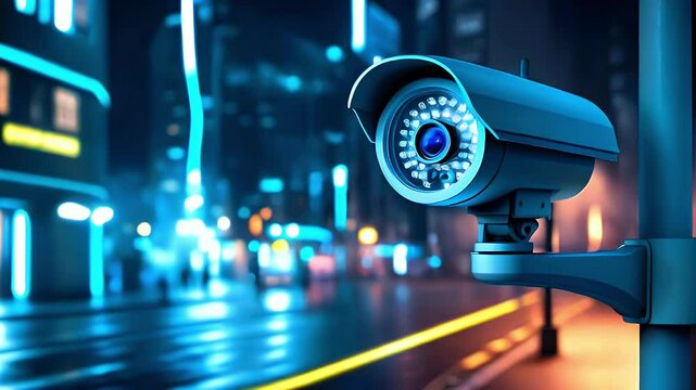 A surveillance camera monitors a city street at night, enhancing security in urban areas.