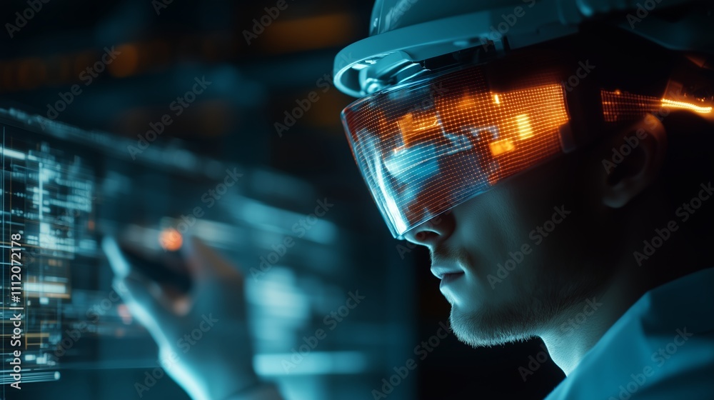 Poster engineer using augmented reality technology to visualize complex data in a modern workspace