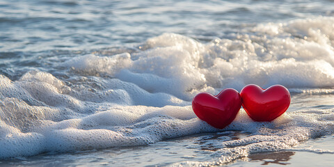 Two Red Hearts on Pebble Beach with Ocean Waves