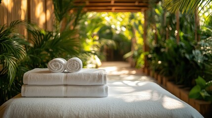A serene spa setting with neatly rolled towels on a massage table amidst lush greenery.