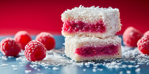 Raspberry Coconut Bars with Fresh Berries on Colorful Background