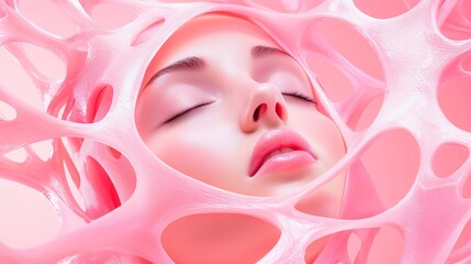 A surreal image of a serene face enveloped in a translucent, pink, organic structure, evoking a sense of beauty and fragility.