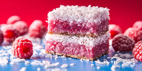 Raspberry Coconut Bars with Fresh Berries on Colorful Background