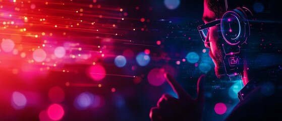 Fototapeta premium A futuristic figure in glasses surrounded by vibrant, colorful lights, representing technology and digital innovation.