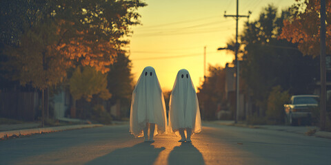 Two Children in Ghost Costumes on Suburban Street at Sunset