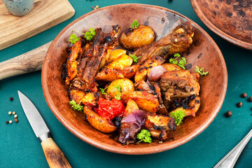 Grilled meat ribs with fried potato.