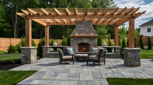 Large gray pergola on pavers with stone fireplace and waterfall urns for backyard oasis landscape design - Powered by Adobe