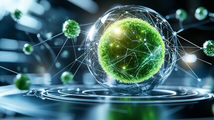 A glowing green sphere surrounded by particles, symbolizing life, energy, and interconnectedness in a futuristic setting.