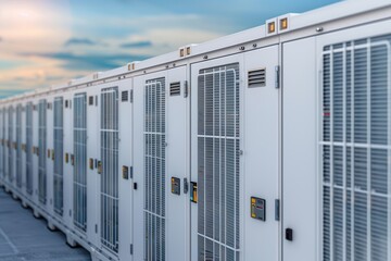 Naklejka premium Peak energy strains the grid. Storage units in a row against a sunset sky