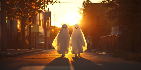 Two Children in Ghost Costumes on Suburban Street at Sunset