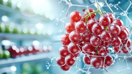A close-up of red grapes surrounded by a molecular structure, symbolizing the connection between nature and science.