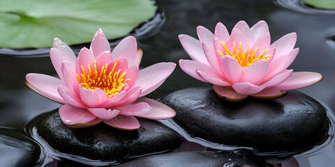 Pink Water Lilies Blooming on Calm Pond Surface