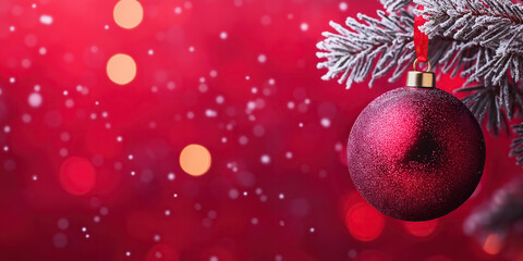 Christmas balls and decorations on a blurred background with bokeh lights and copy space for text.