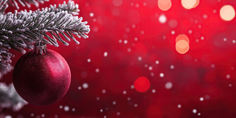 Christmas balls and decorations on a blurred background with bokeh lights and copy space for text.