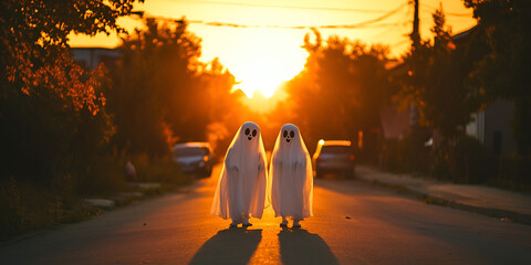 Two Children in Ghost Costumes on Suburban Street at Sunset