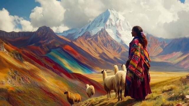 Native peruvian woman with llamas gazing at the majestic rainbow mountain landscape