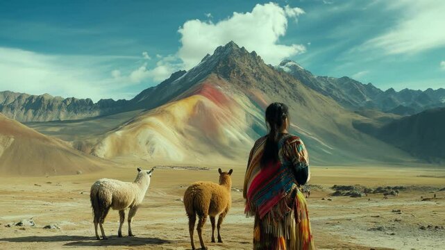 Native peruvian woman with llamas gazing at the majestic rainbow mountain landscape