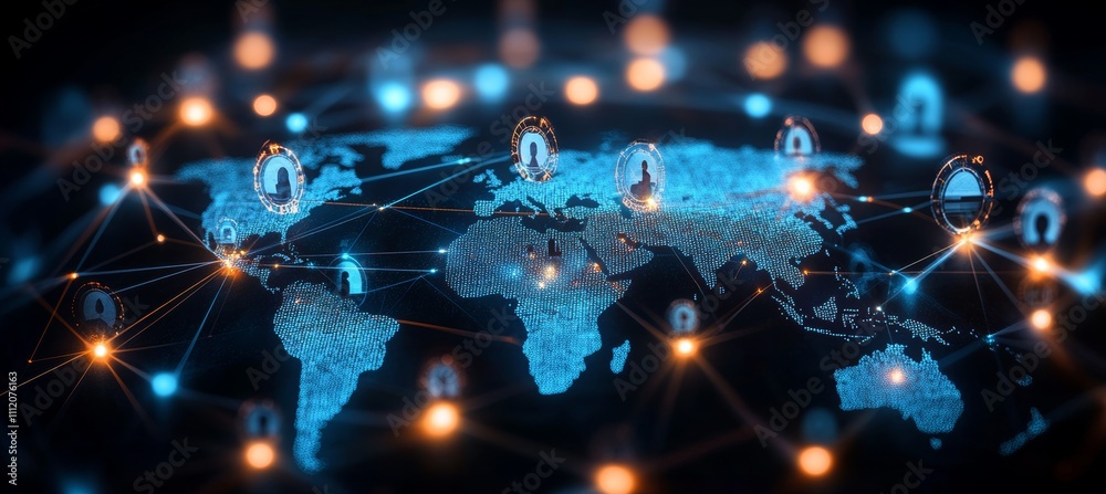 Poster Global world digital networking structure. Technology wireless server communication system. Team social linked database. Generative AI technology.	
